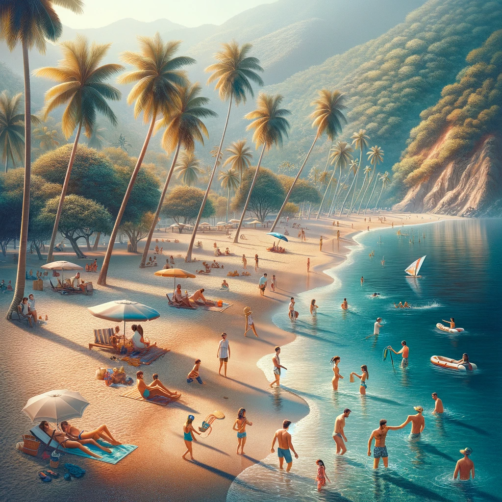 A serene and beautiful scene of people enjoying the sun and snorkeling at Las Gemelas Beach in Puerto Vallarta