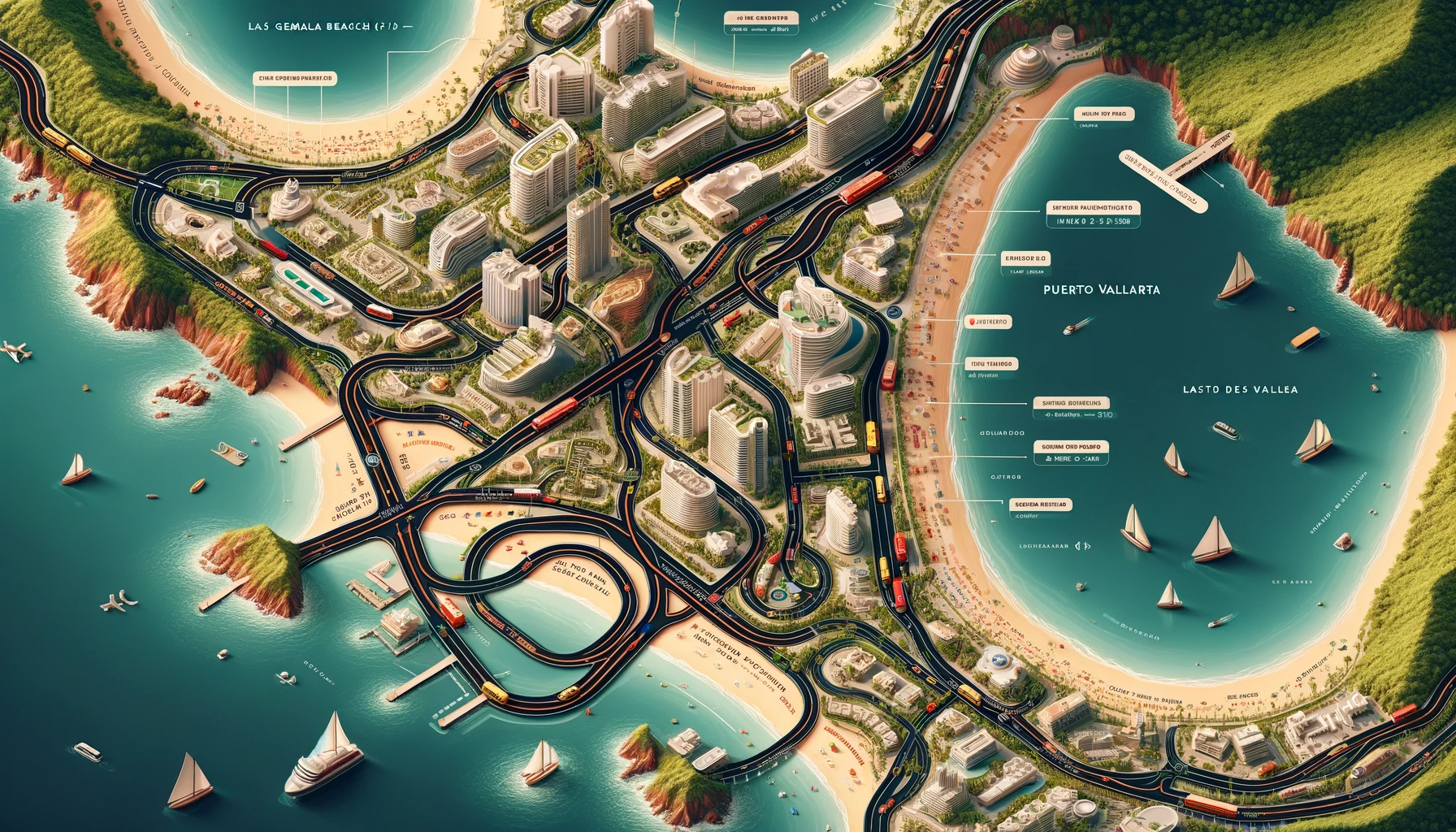 Detailed map showing routes to Las Gemelas Beach in Puerto Vallarta