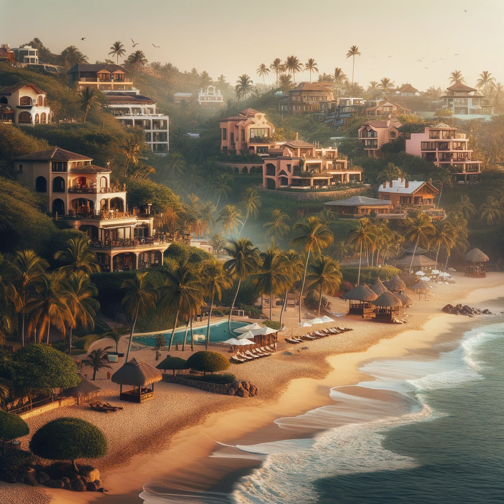 Serene morning at Las Gemelas Beach with a variety of accommodations including luxury resorts and boutique hotels.