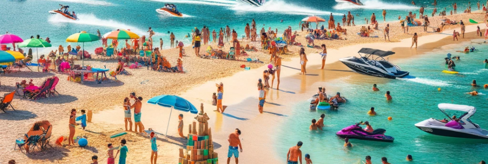 Lively activities at Mismaloya Beach with jet skiing, paddle boarding, beach volleyball, and families enjoying the beach.