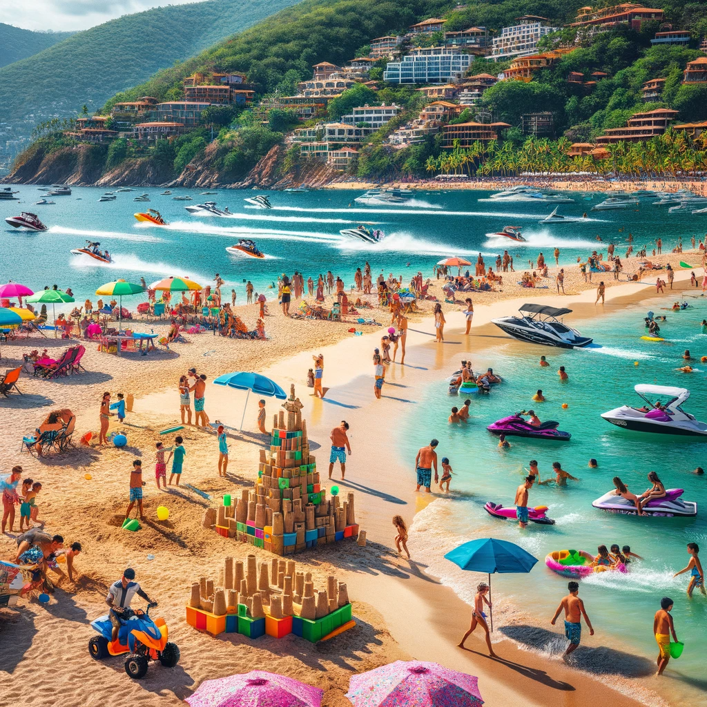 Lively activities at Mismaloya Beach with jet skiing, paddle boarding, beach volleyball, and families enjoying the beach.