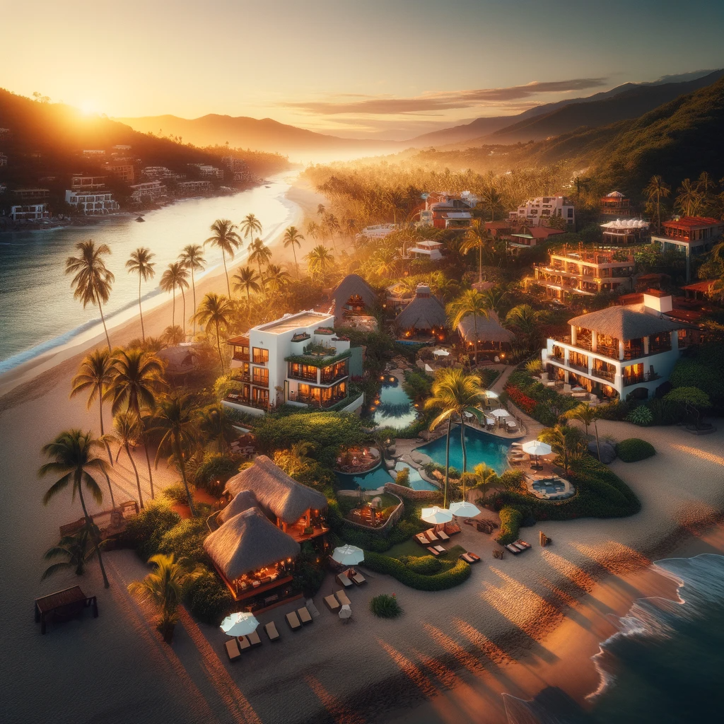 Peaceful sunrise at Mismaloya Beach with a variety of accommodations including luxury resorts and boutique hotels.