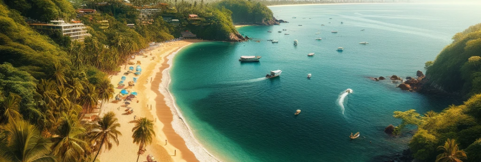A panoramic view of Las Caletas Beach, Puerto Vallarta, with its lush greenery, crystal-clear waters, golden sands, and boats in the distance, set against a backdrop of dense tropical jungle.
