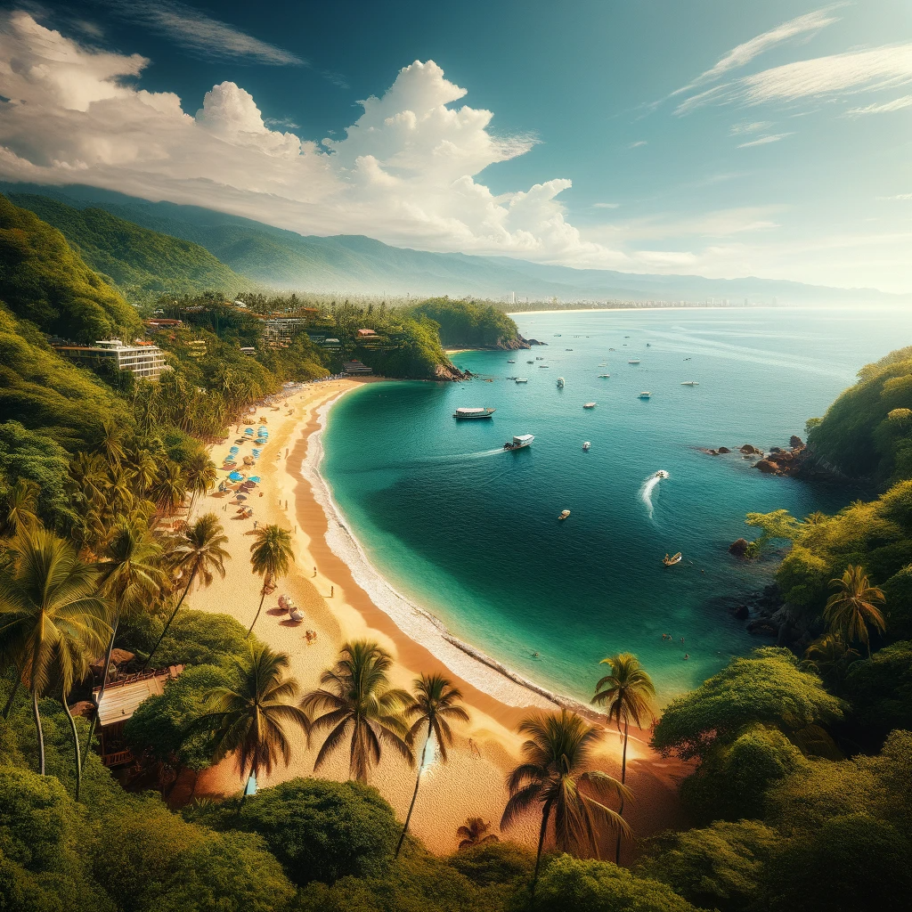 A panoramic view of Las Caletas Beach, Puerto Vallarta, with its lush greenery, crystal-clear waters, golden sands, and boats in the distance, set against a backdrop of dense tropical jungle.