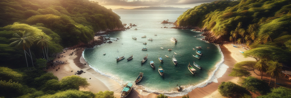 Serene Boca De Tomatlan Beach with lush greenery, clear waters, and fishing boats.
