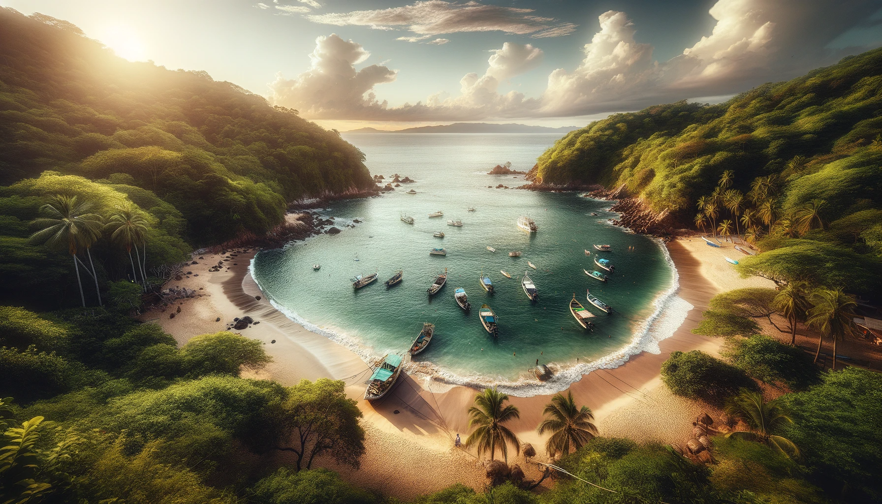 Serene Boca De Tomatlan Beach with lush greenery, clear waters, and fishing boats.