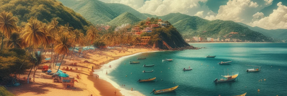 Boca De Tomatlan Beach, a serene beach scene with golden sands and turquoise waters, surrounded by lush green hills.