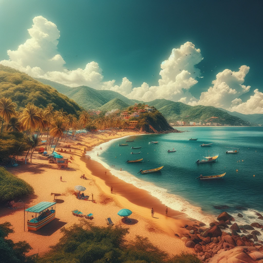 Boca De Tomatlan Beach, a serene beach scene with golden sands and turquoise waters, surrounded by lush green hills.
