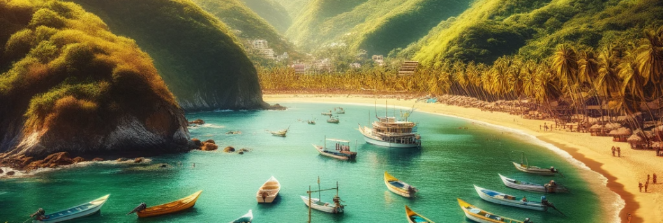 Scenic view of Boca De Tomatlan Beach with lush green hills and traditional Mexican boats