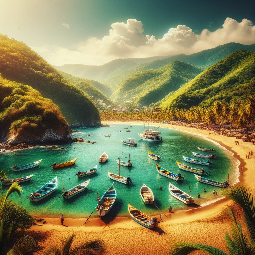 Scenic view of Boca De Tomatlan Beach with lush green hills and traditional Mexican boats