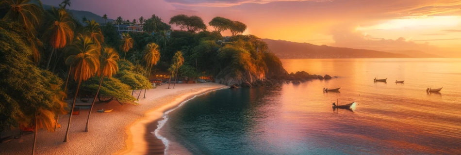 A serene view of Boca De Tomatlan Beach in Puerto Vallarta during sunset, with golden sands and calm blue waters.