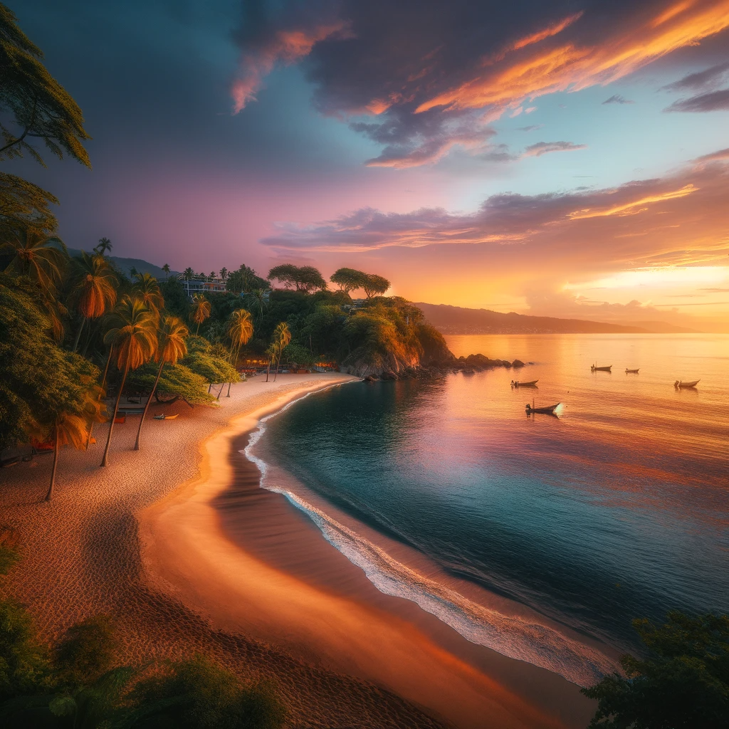 A serene view of Boca De Tomatlan Beach in Puerto Vallarta during sunset, with golden sands and calm blue waters.