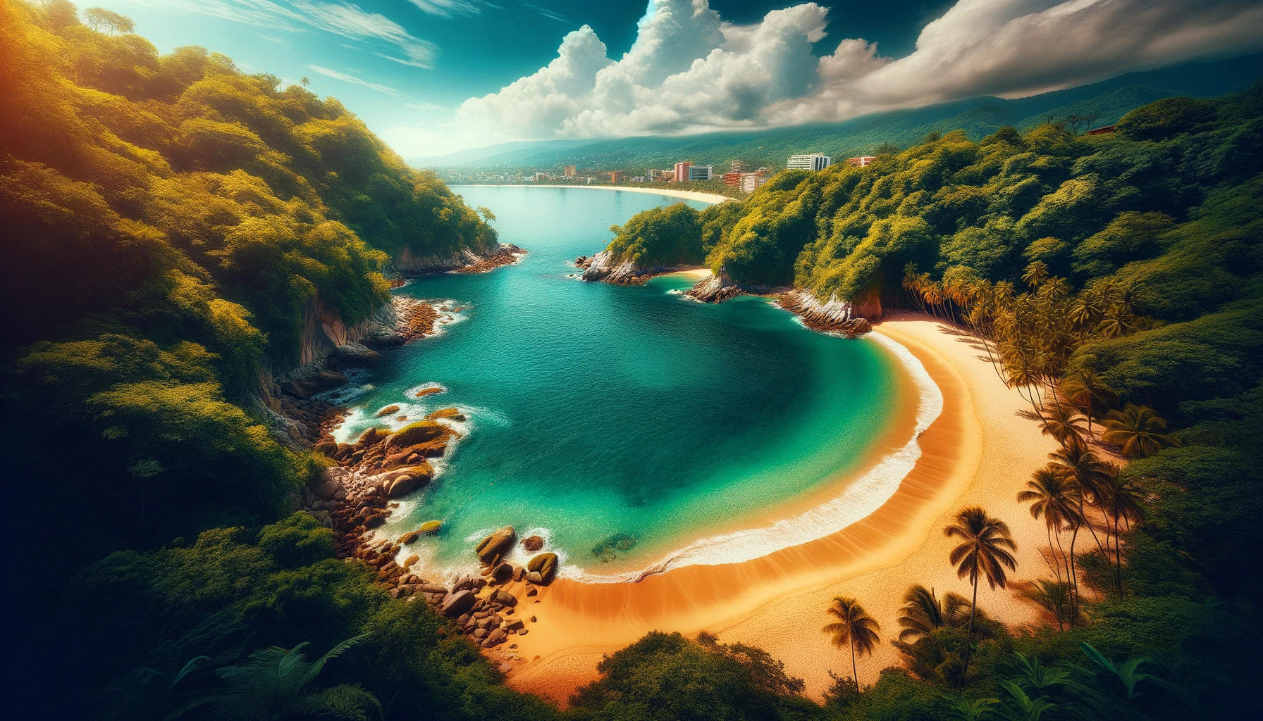 Secluded Colomitos Beach with golden sand, surrounded by lush jungle and turquoise waters.