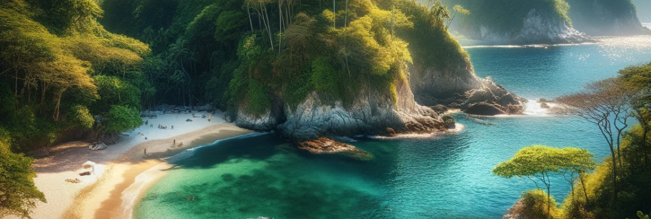 A stunning view of Colomitos Beach in Puerto Vallarta, with its turquoise waters, golden sand, and lush green jungle.