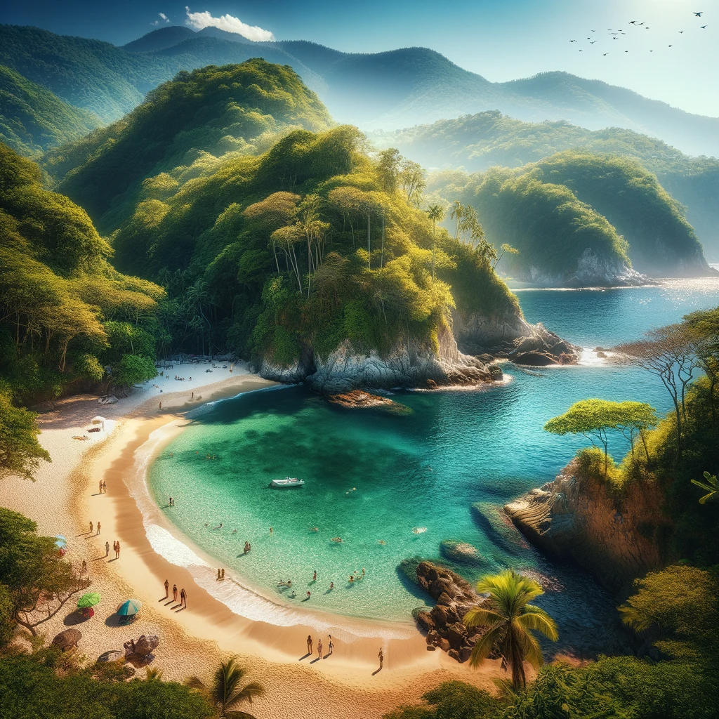 A stunning view of Colomitos Beach in Puerto Vallarta, with its turquoise waters, golden sand, and lush green jungle.