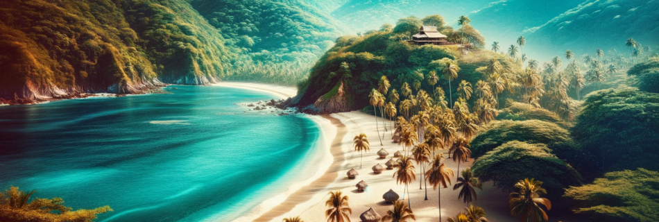 Pristine Caballo Beach with white sand, clear blue waters, and tropical jungle backdrop.