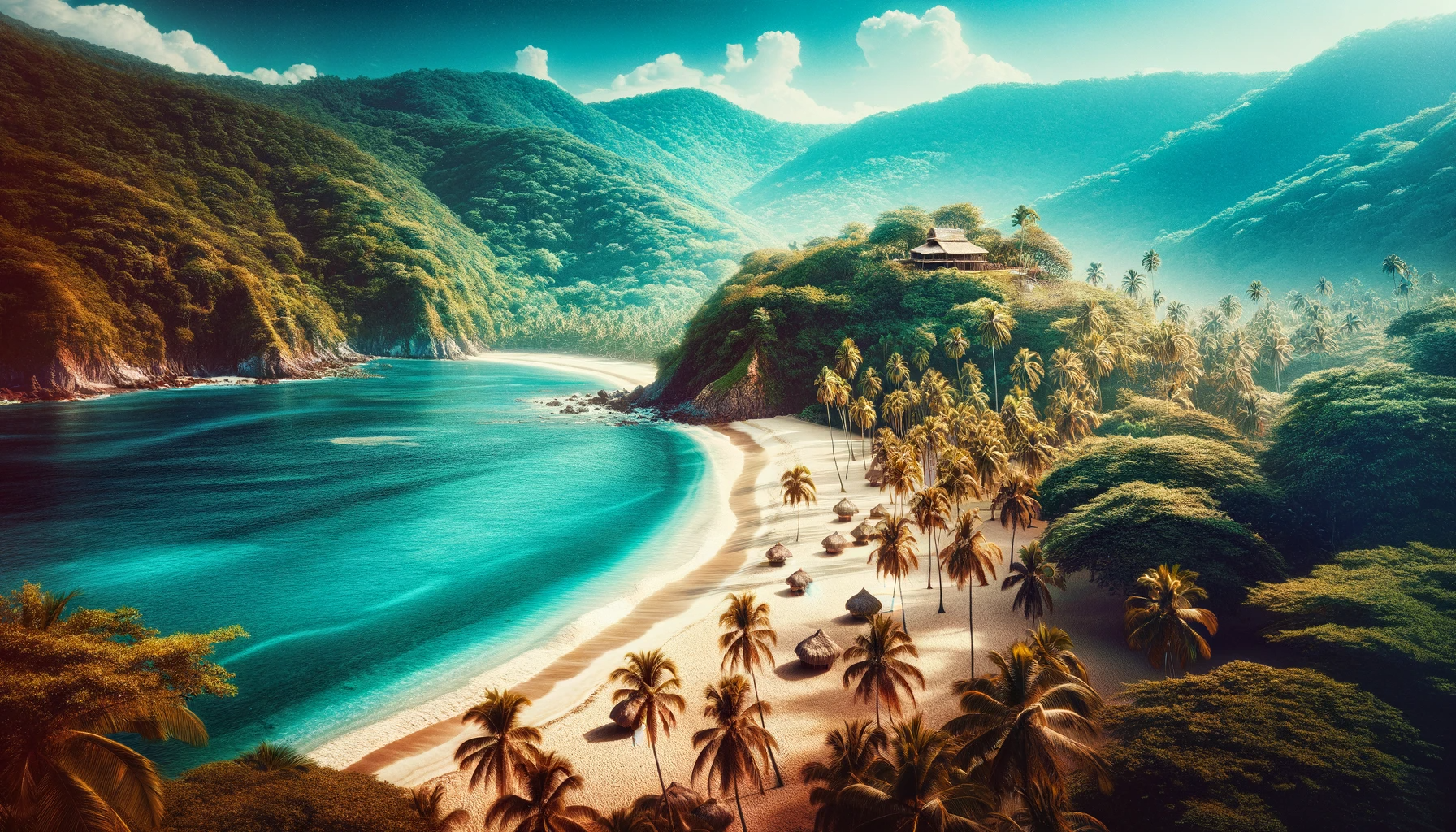 Pristine Caballo Beach with white sand, clear blue waters, and tropical jungle backdrop.