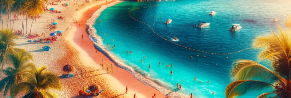 Caballo Beach scene with crystal-clear waters, sandy beach, and various activities.