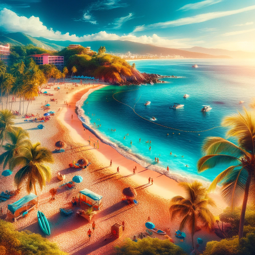 Caballo Beach scene with crystal-clear waters, sandy beach, and various activities.