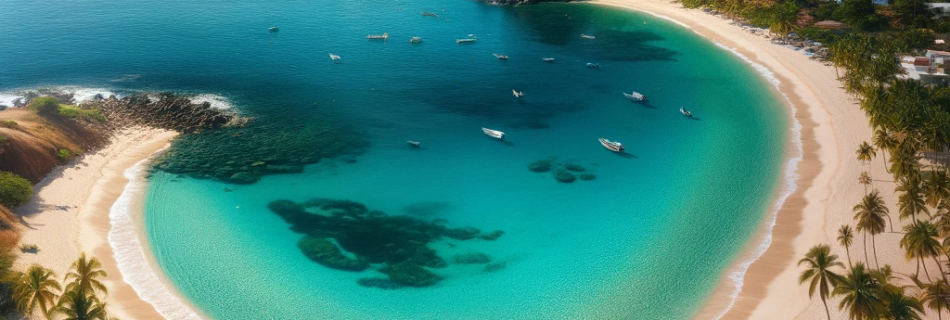 A captivating view of Caballo Beach in Puerto Vallarta, with its white sands, azure waters, and palm trees.