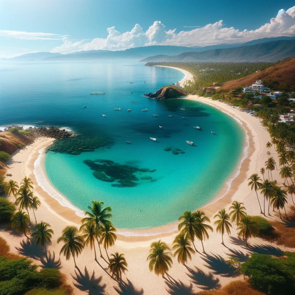 A captivating view of Caballo Beach in Puerto Vallarta, with its white sands, azure waters, and palm trees.