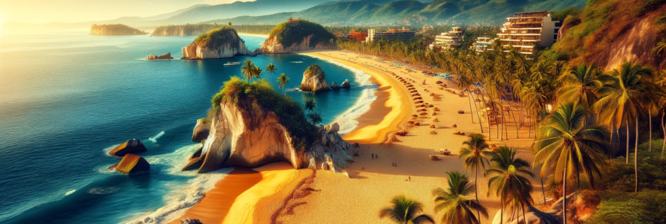Golden sand and deep blue Pacific Ocean at Madagascar Beach, surrounded by lush palm trees and rock formations.