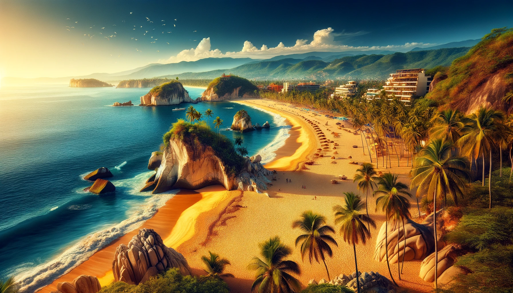 Golden sand and deep blue Pacific Ocean at Madagascar Beach, surrounded by lush palm trees and rock formations.