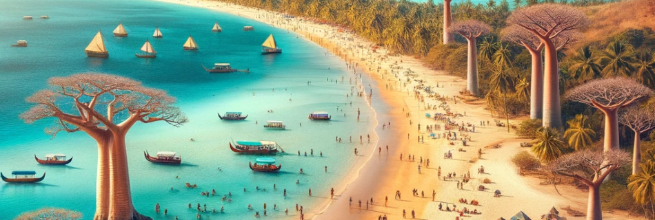 Madagascar Beach with golden sand, baobab trees, and crystal-clear waters.