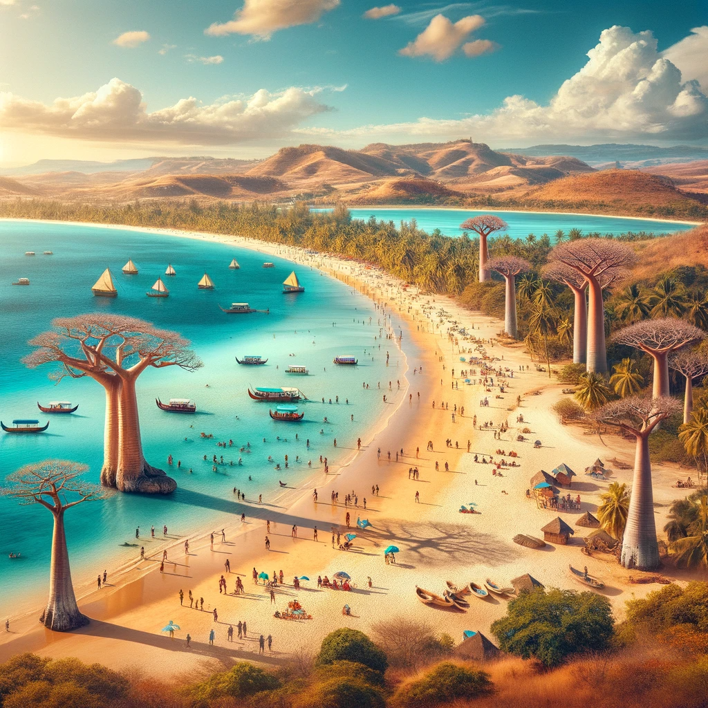 Madagascar Beach with golden sand, baobab trees, and crystal-clear waters.