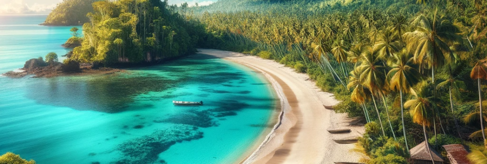 A breathtaking view of Madagascar Beach, with its white sands, turquoise waters, and lush tropical vegetation.