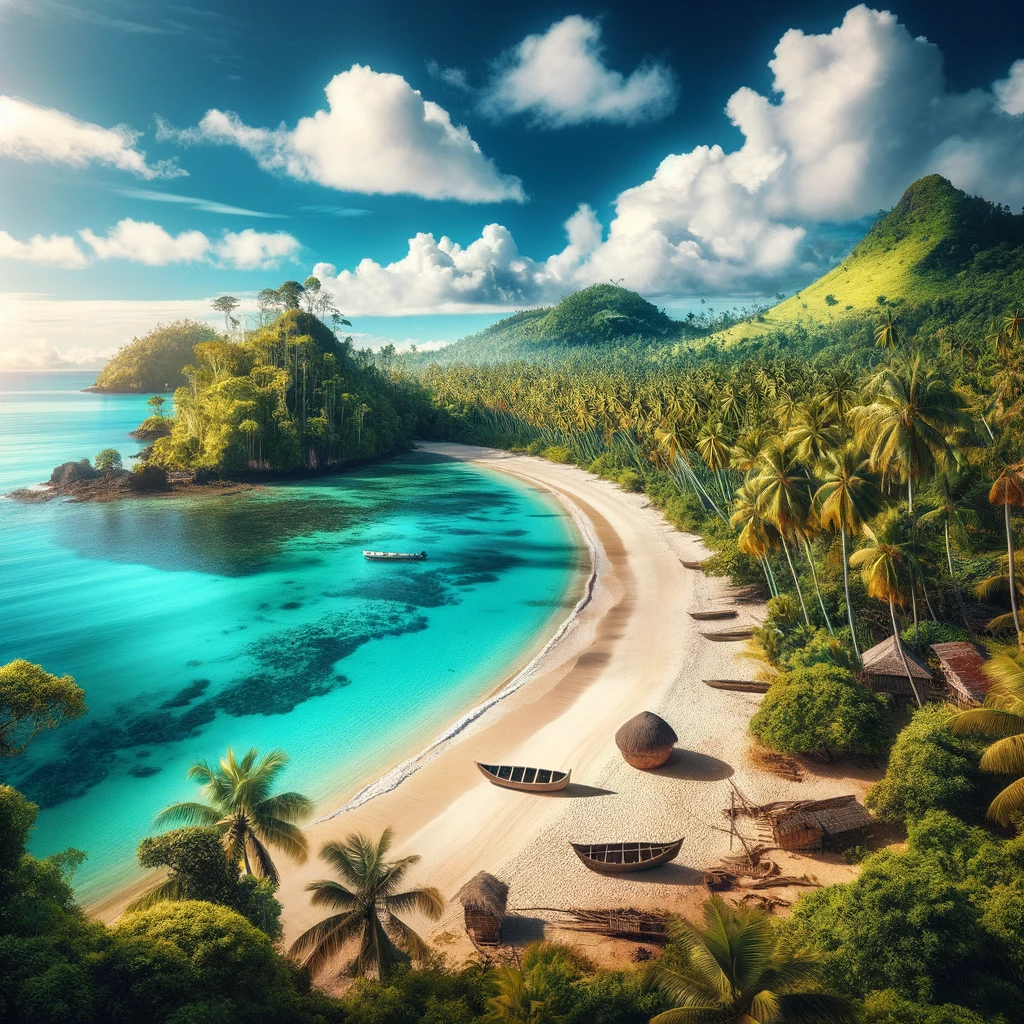 A breathtaking view of Madagascar Beach, with its white sands, turquoise waters, and lush tropical vegetation.