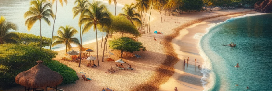 Quimixto Beach scene with golden sand, lush foliage, and tranquil waters.