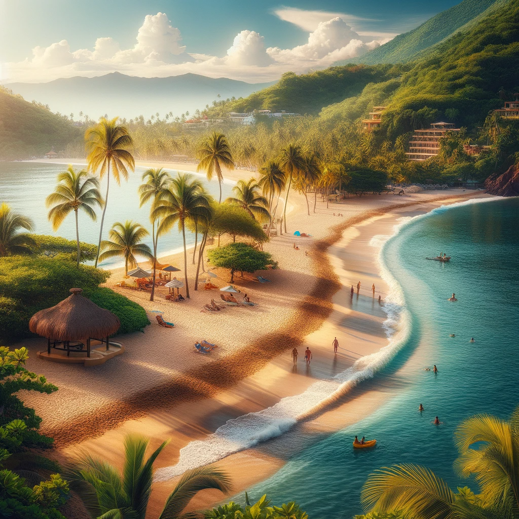 Quimixto Beach scene with golden sand, lush foliage, and tranquil waters.