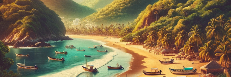 Picturesque view of Quimixto Beach with golden sand and traditional boats