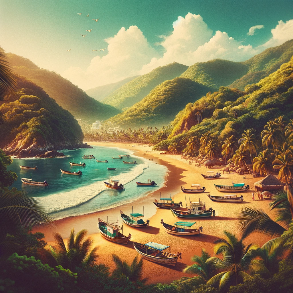 Picturesque view of Quimixto Beach with golden sand and traditional boats